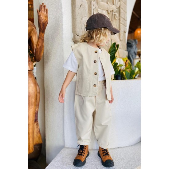 Unisex Laciel Yelek & Jean Krem Denim Takım