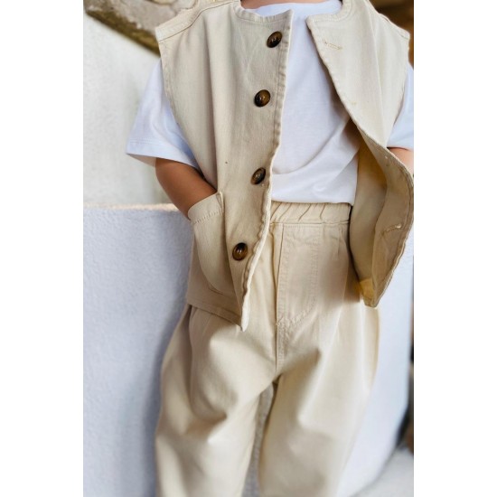 Unisex Laciel Yelek & Jean Krem Denim Takım