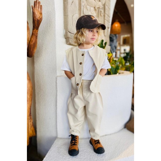 Unisex Laciel Yelek & Jean Krem Denim Takım